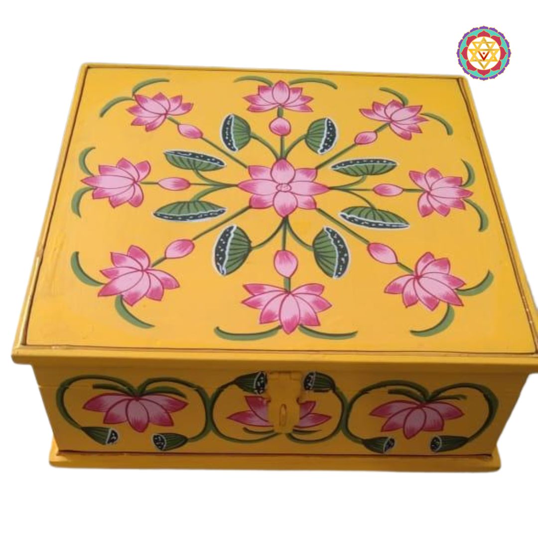 Medium Mulpurpose Pichwai Painted Storage Boxes. Yellow