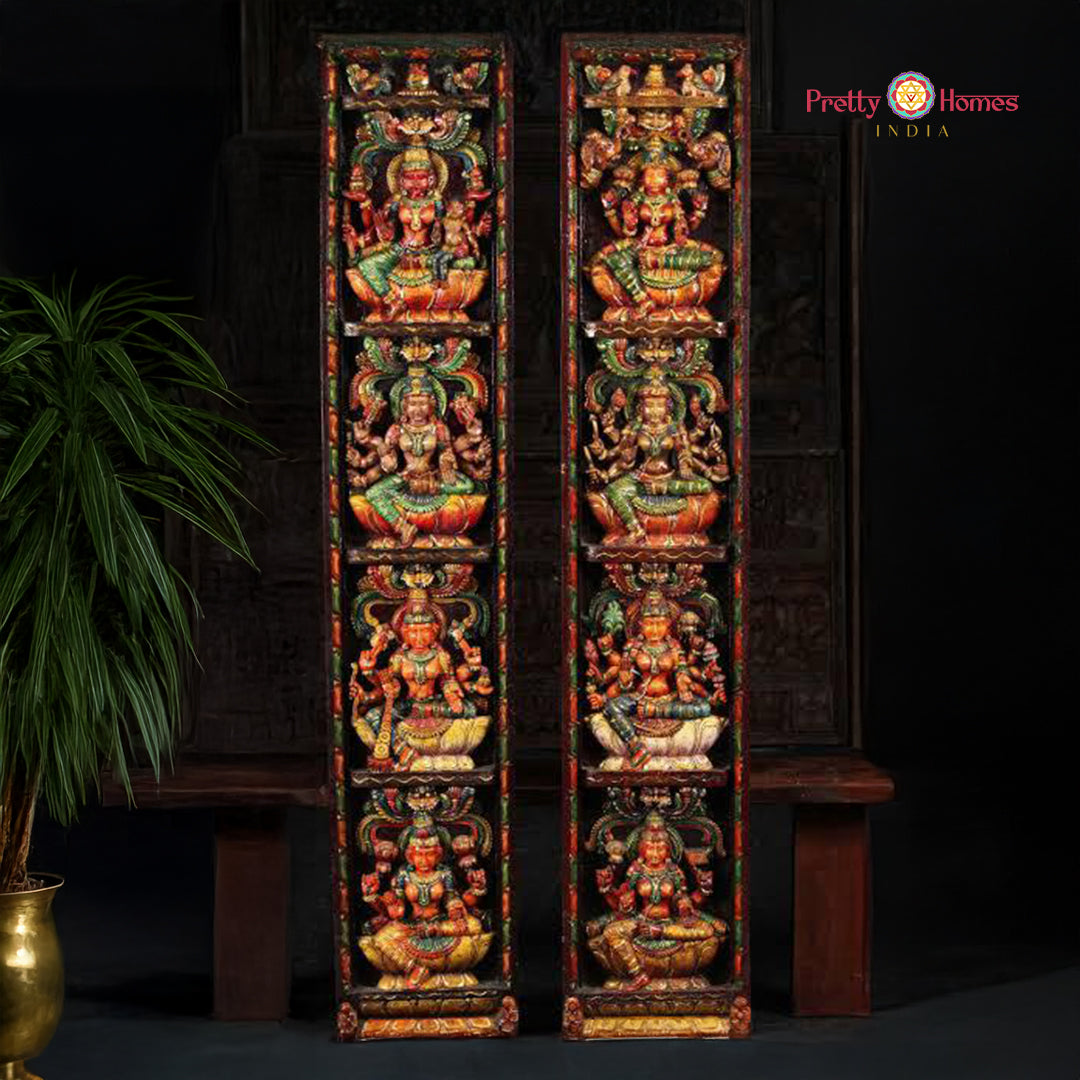 Vertical wooden wall panel pair with multicolour Ashtalakshmi carvings

