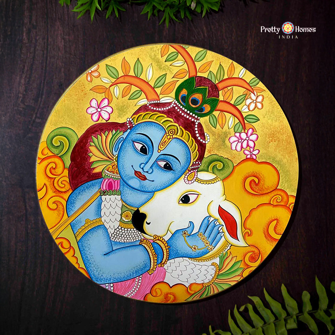 Baby Krishna with cow Kerala mural handpainted wall plate