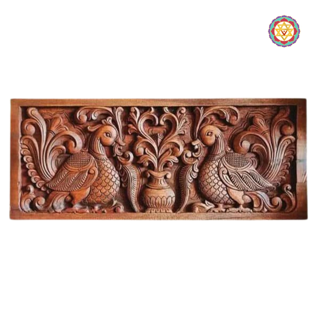 Handcrafted Annapakshi design on horizontal wooden wall panel