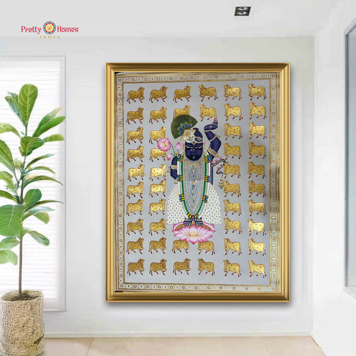 Handpainted Shrinathji Pichwai with Golden Cows