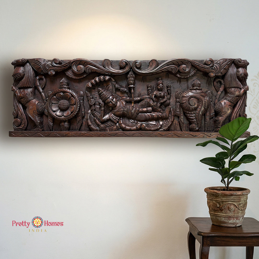 Horizontal Handcarved Panel – Lord Vishnu Resting / Ranganathar Swamy with Shankh & Chakra