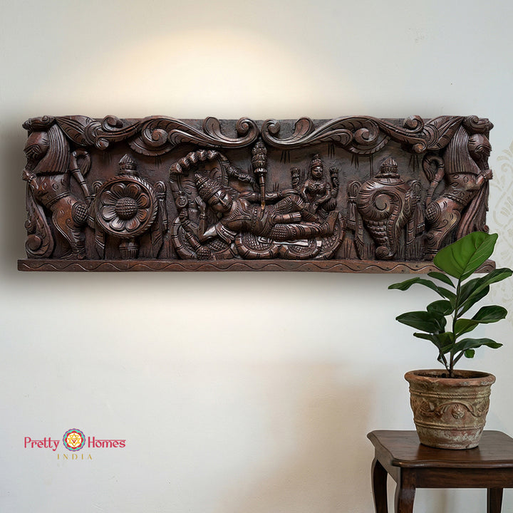Horizontal Handcarved Panel – Lord Vishnu Resting / Ranganathar Swamy with Shankh & Chakra