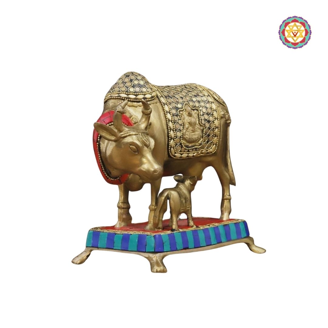 Brass Kamdhenu Cow and Calf Idol – 7 Inch | Handcrafted with Golden Finish & Stone Detailing | Divine Vastu Decor