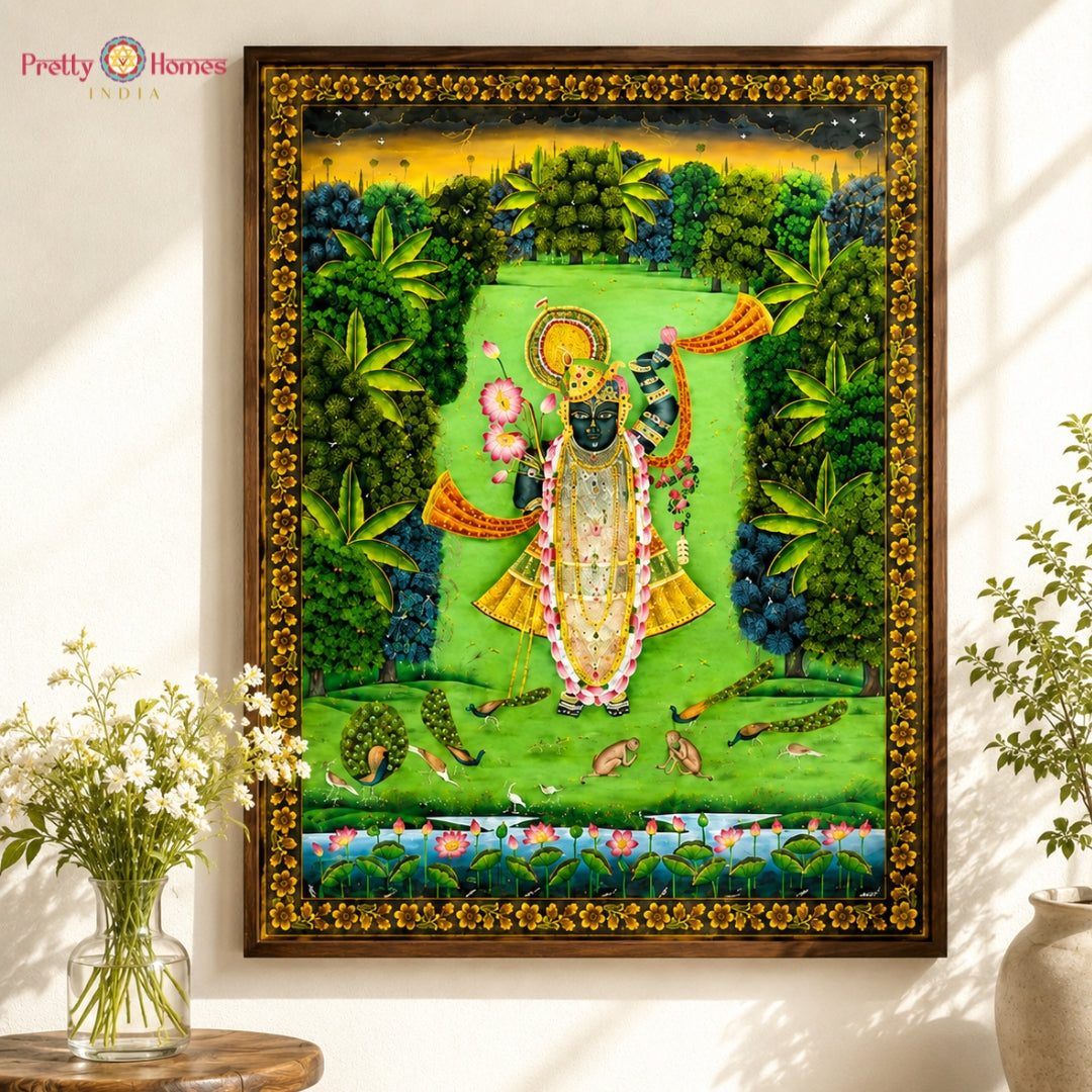 Hand-Painted Golden Pichwai – Shrinathji in a Sacred Forest