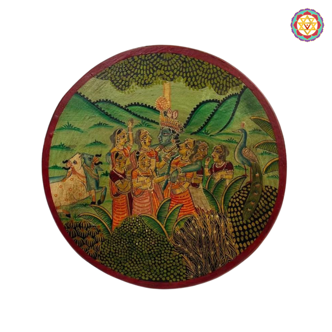 Back view of handpainted Pichwai wall plate ready to hang