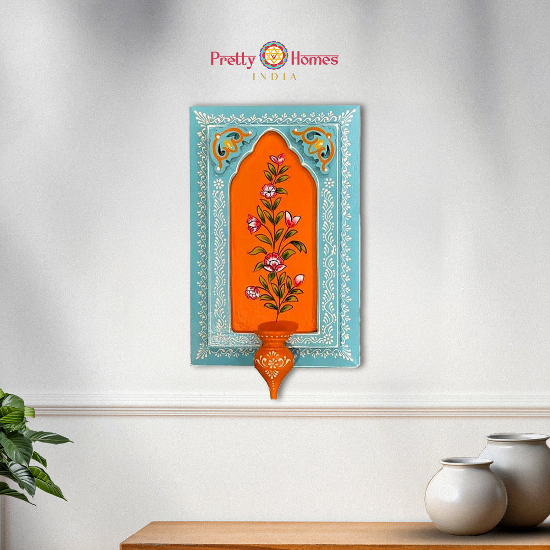 Orange wooden frame with folk art detail and stand