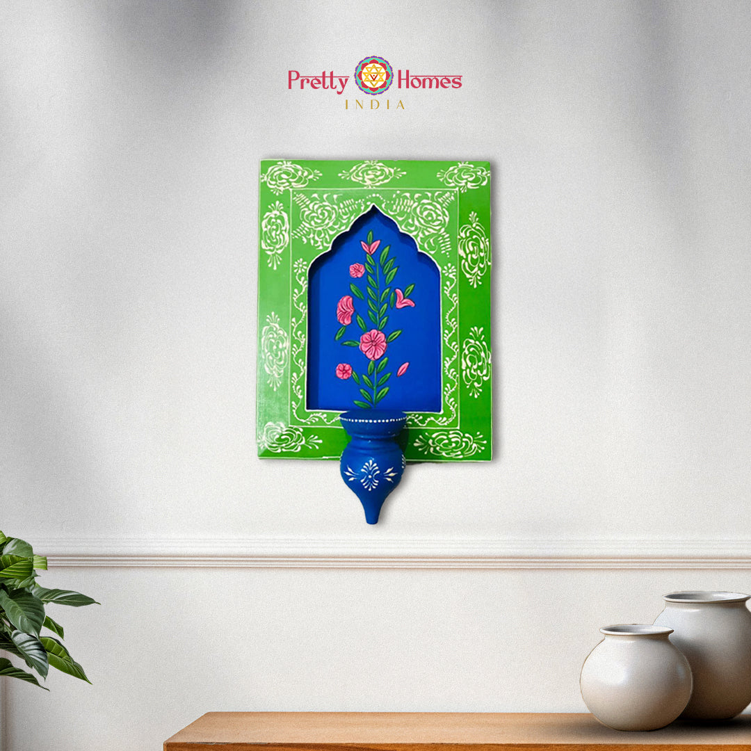 Green wooden frame with traditional Indian painting and stand
