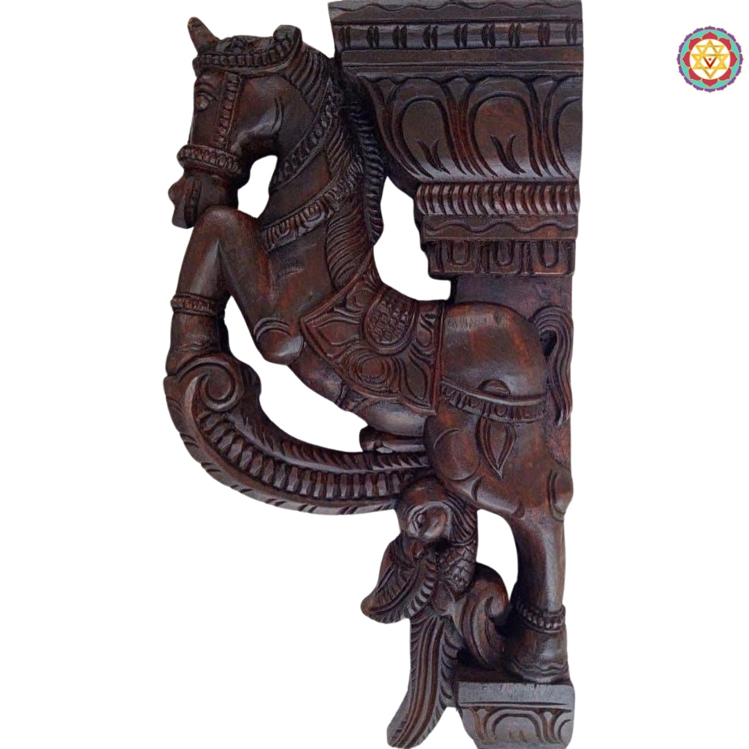 Detailed close-up of wooden horse bracket showing annam carvings and deep carving texture