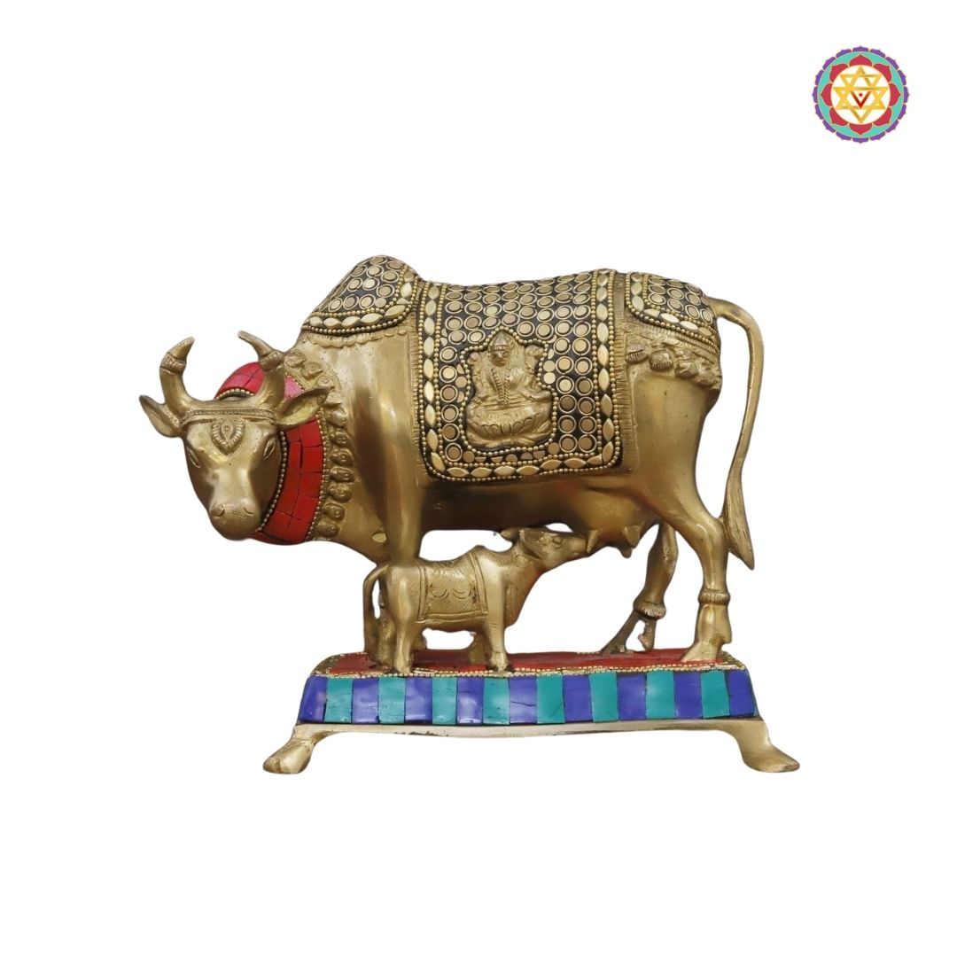 Brass Kamdhenu Cow and Calf Idol – 7 Inch | Handcrafted with Golden Finish & Stone Detailing | Divine Vastu Decor