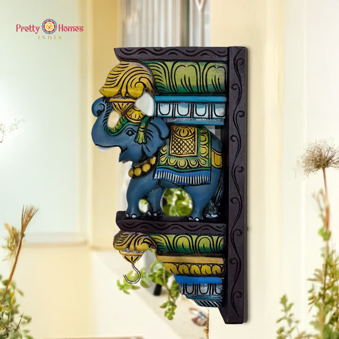 woodcarved trunk up elephant bracket multicolour handcrafted