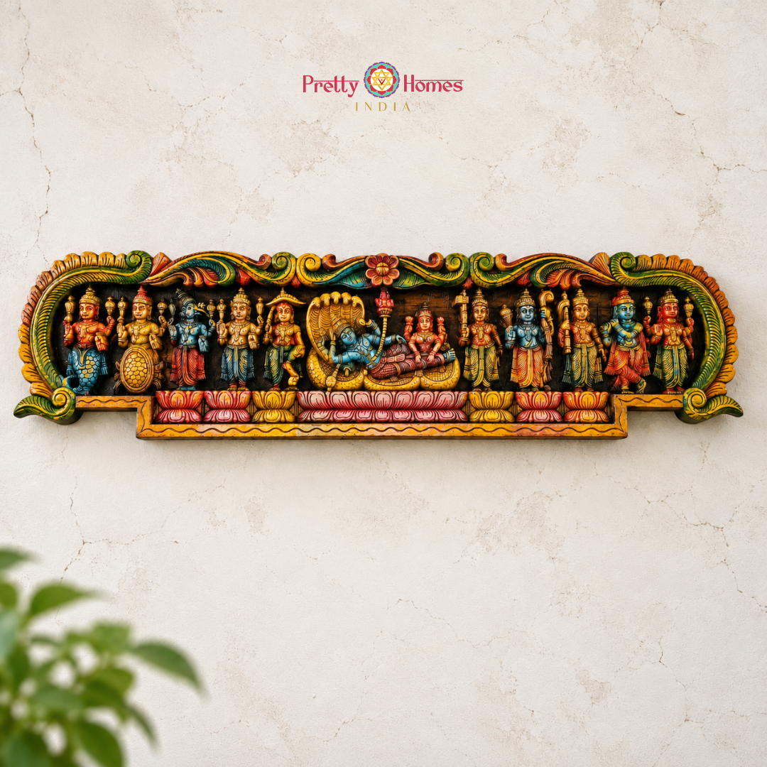 Wood-Carved Resting Vishnu with Dashavatarams Panel