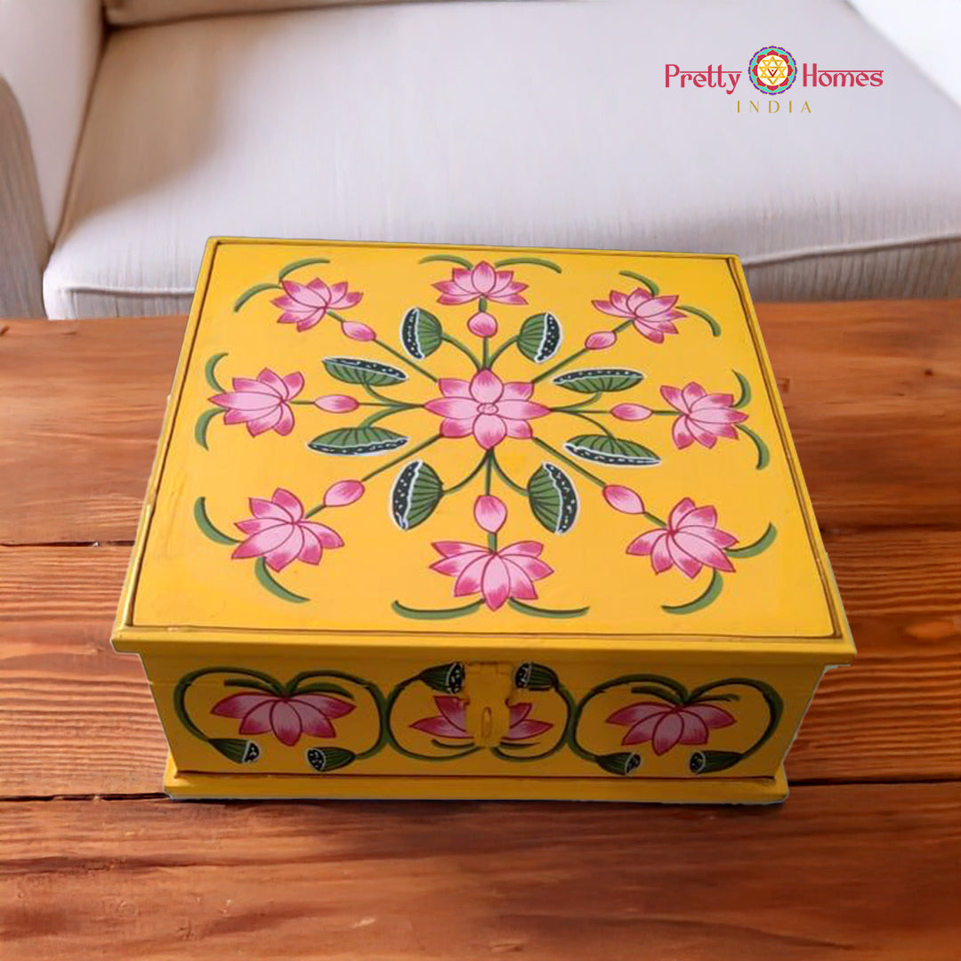 Medium Mulpurpose Pichwai Painted Storage Boxes. Yellow