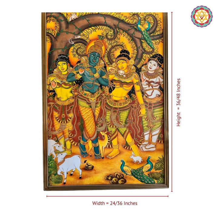 Kerala Mural Style Radha Krishna with Gopikas and Cows Painting – A Celebration of Divine Love
