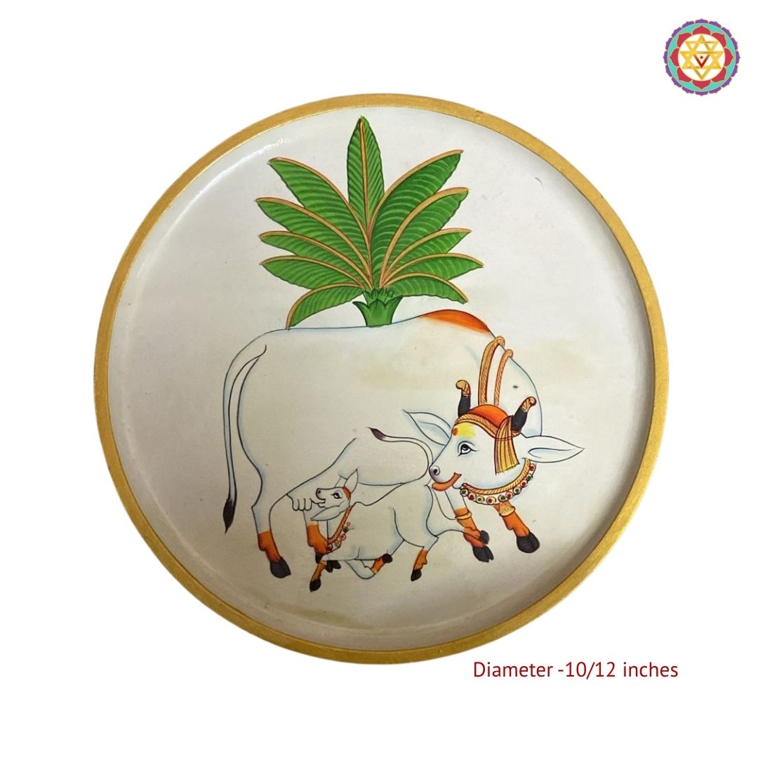 Detailed leaf pattern with cow and calf on handpainted pichwai wall plate