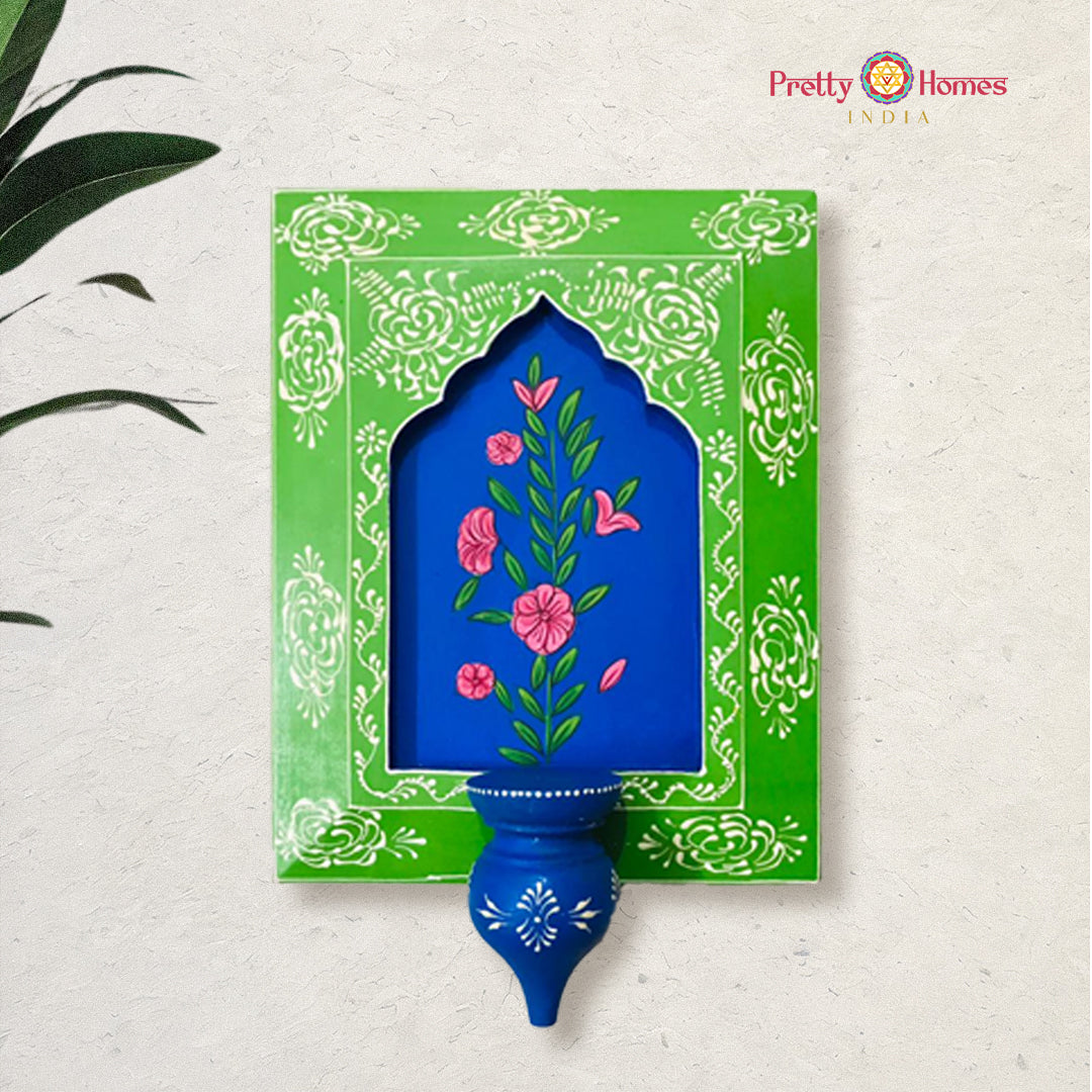 Hand-painted wooden wall frame with arched floral design and green border