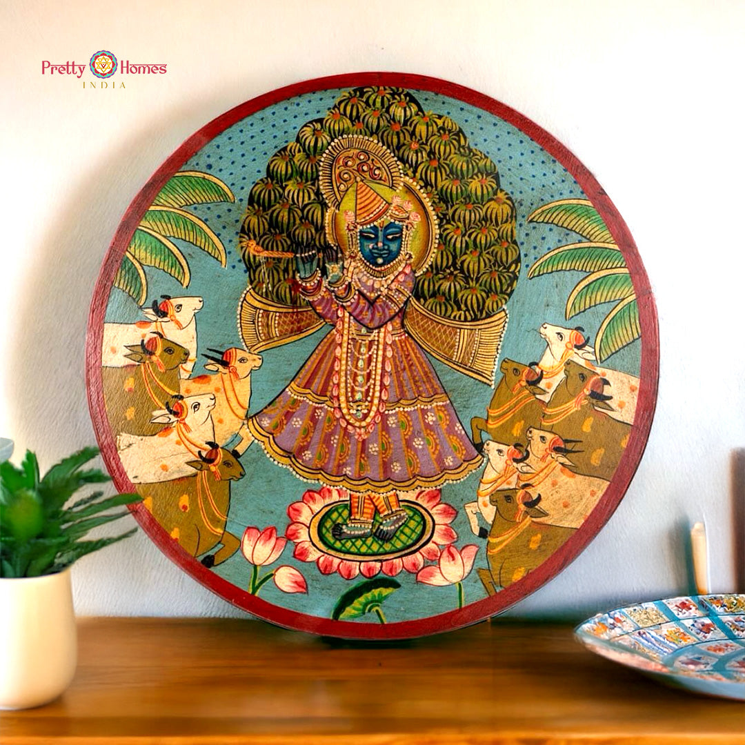 Handpainted vintage Shrinathji Pichwai wall plate front view
