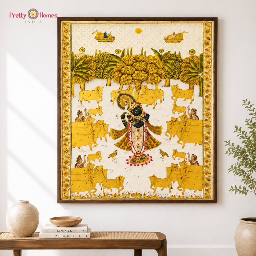 Hand-Painted Golden Pichwai – Shrinathji Darshan with Cows & Shepherds