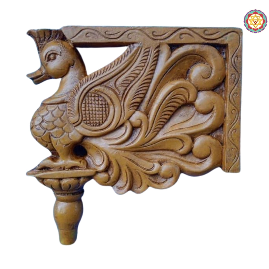 Side profile of wooden annam wall bracket showing layered floral scrolls and swan head carving