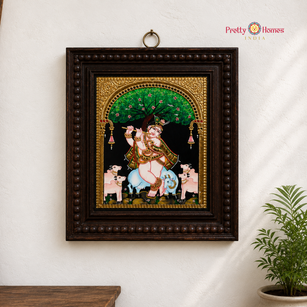 Lord Flute Krishna with Cows Tanjore in Real Gold