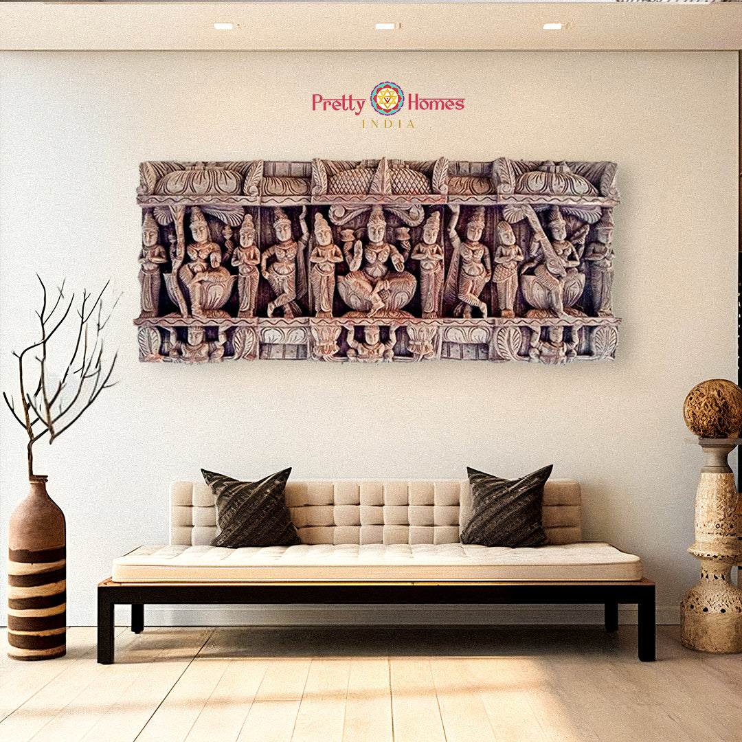 Handcarved wooden wall panel featuring Hindu feminine deities – antique-style home decor.