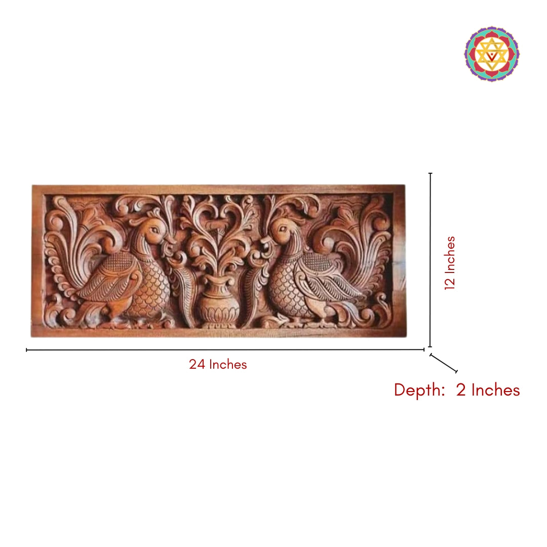 Close-up of carved wooden wall panel with twin Hamsa birds