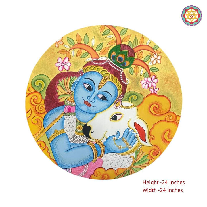 24”Round Kerela mural style -handpainted wall plate -Baby Krishna with cow