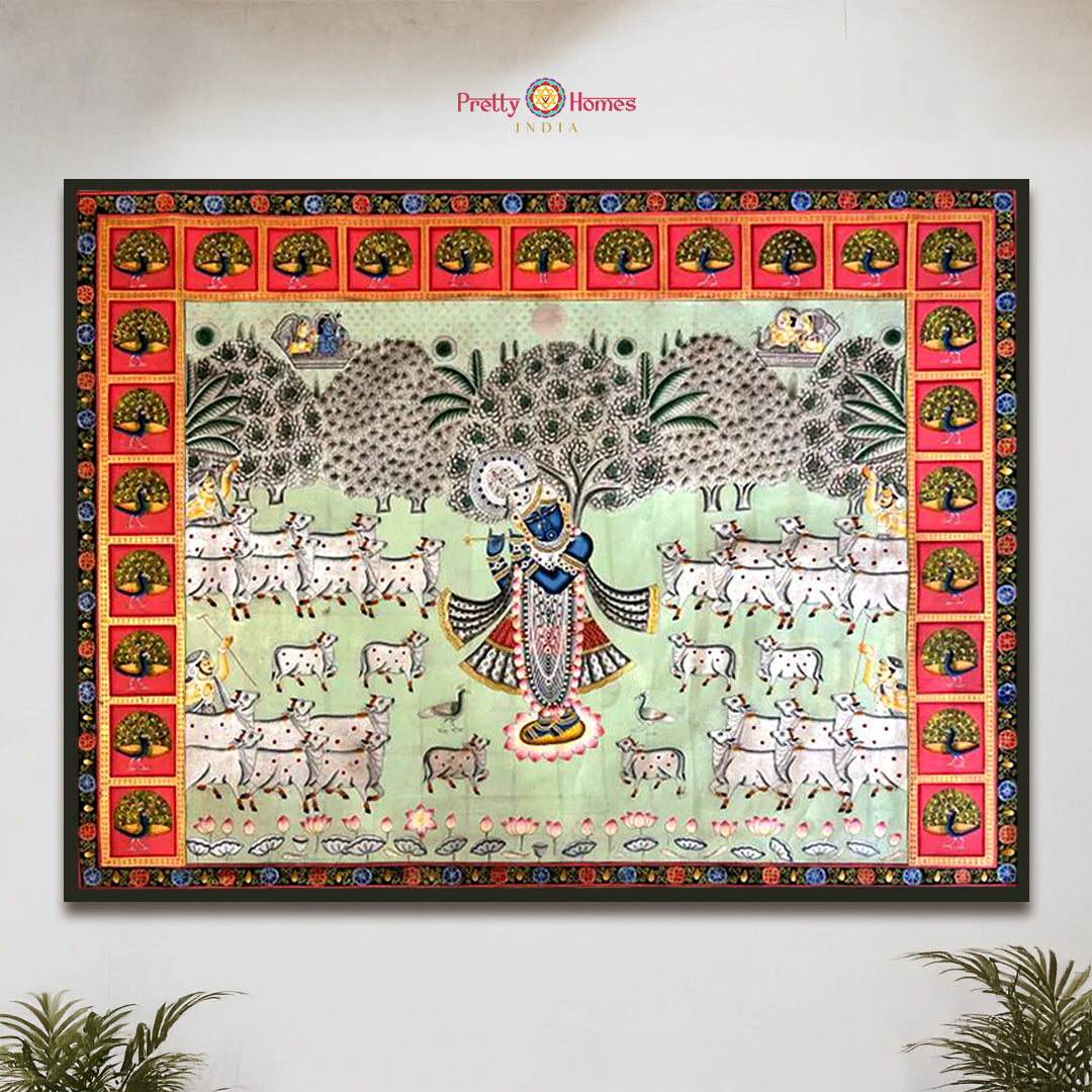 handpainted horizontal pichwai vintage style shrinathji darshan with intricate peacock border close-up of peacock motifs and gilded accents