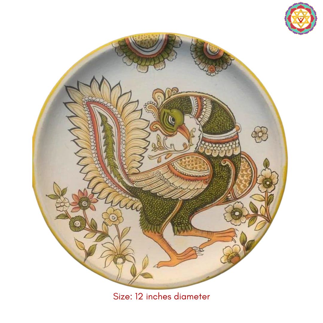 close up peacock kalamkari plate hand painted detailing