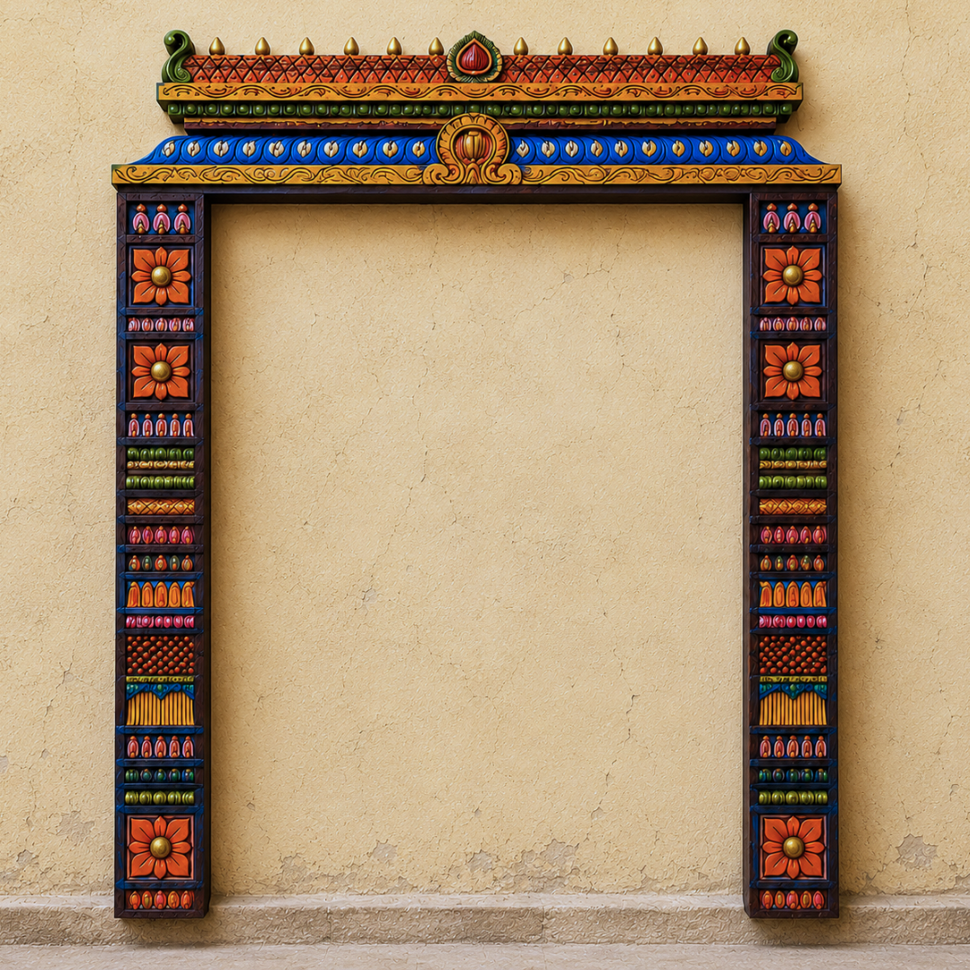 Multicolour Chettinad-Style Gopuram with Pillars