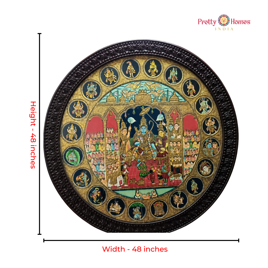 Round Hand-Painted Tanjore – Ram Darbar in 24 Carat Real Gold Foil