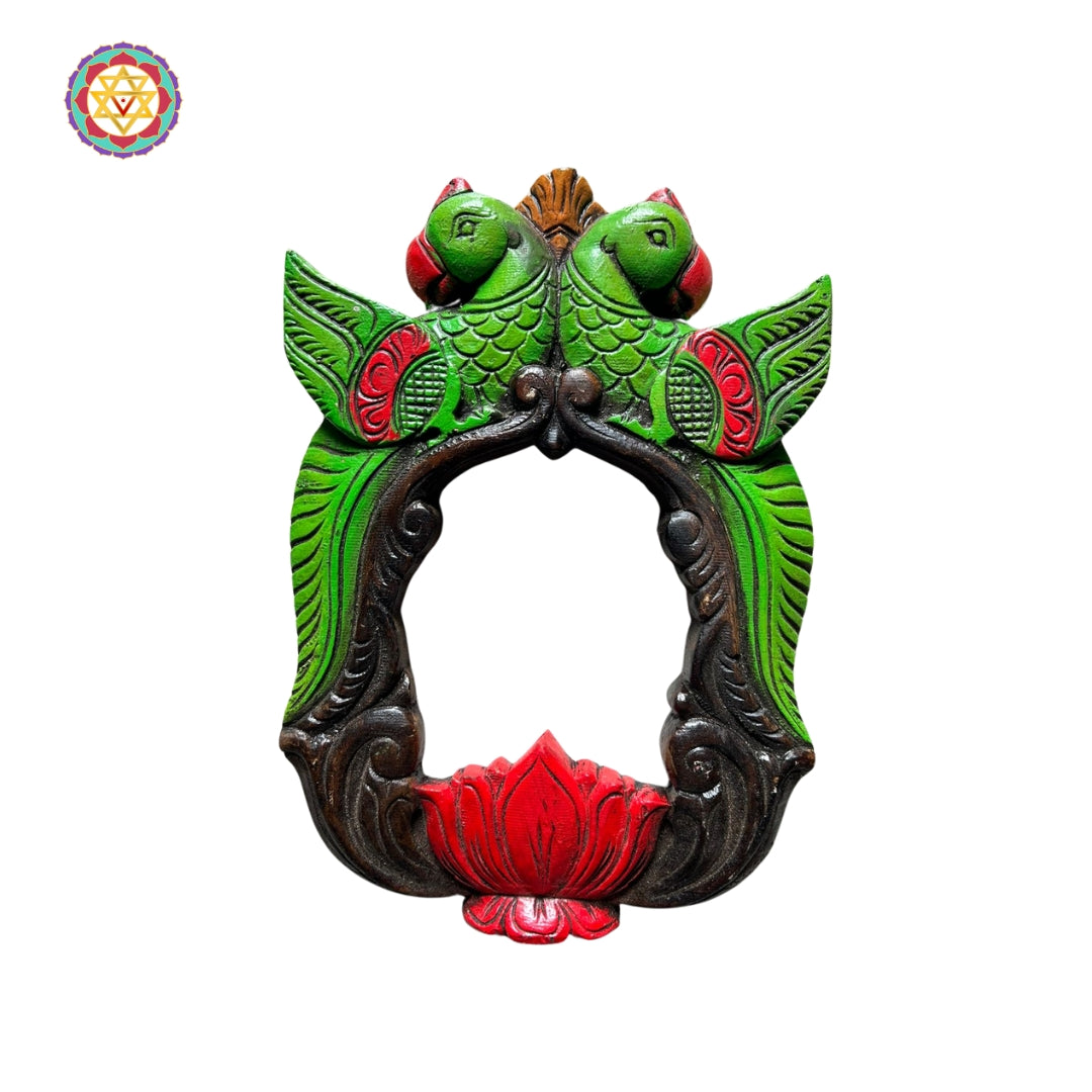 Handcarved mirror frame in multicolour with parrots

