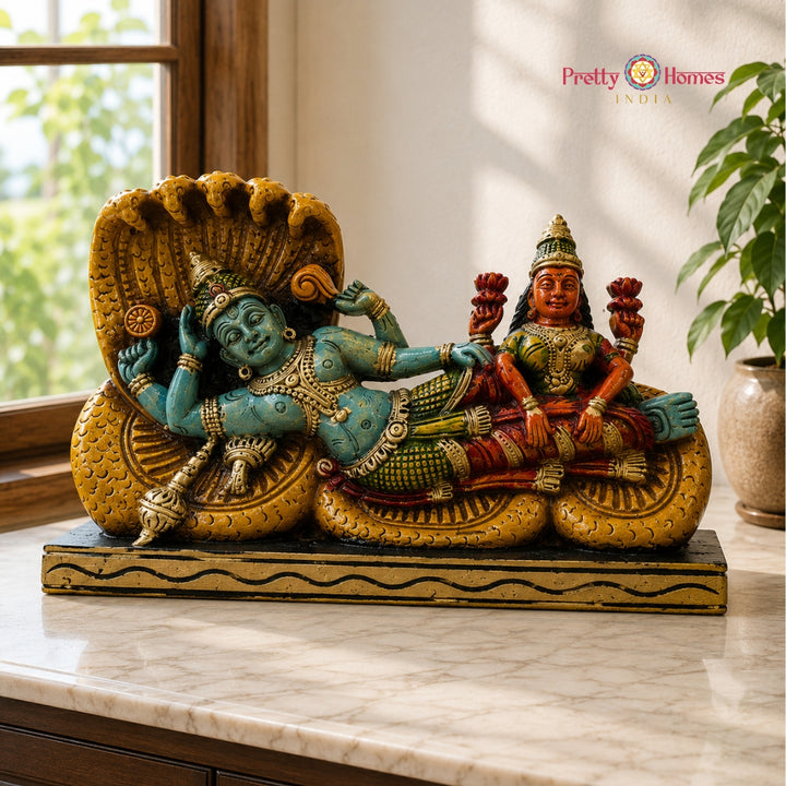 Wooden Carved Mahavishnu with Lakshmi Wall Panel