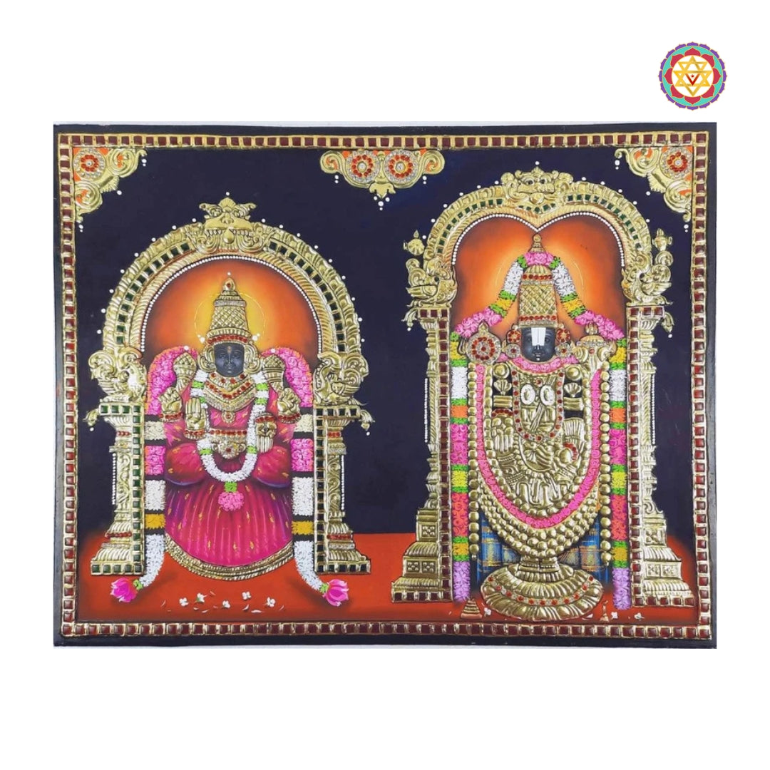 Close-up of Lord Venkateshwara and Padmavati in 22-carat gold Tanjore style