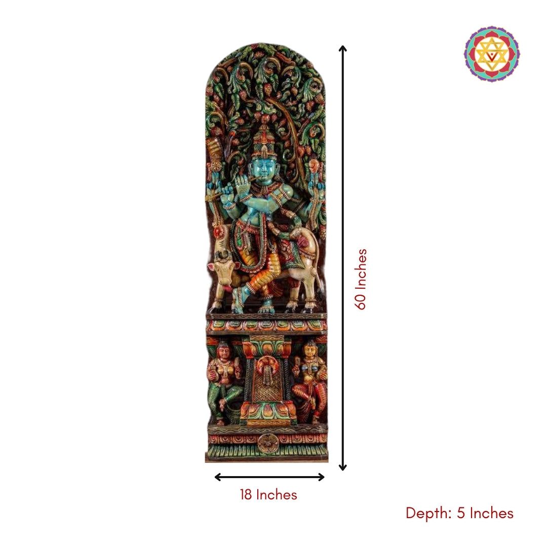 Handcarved Wooden Gopal Krishna Panel Canopy  Sculpture with Playful Cow and Two Gopis.