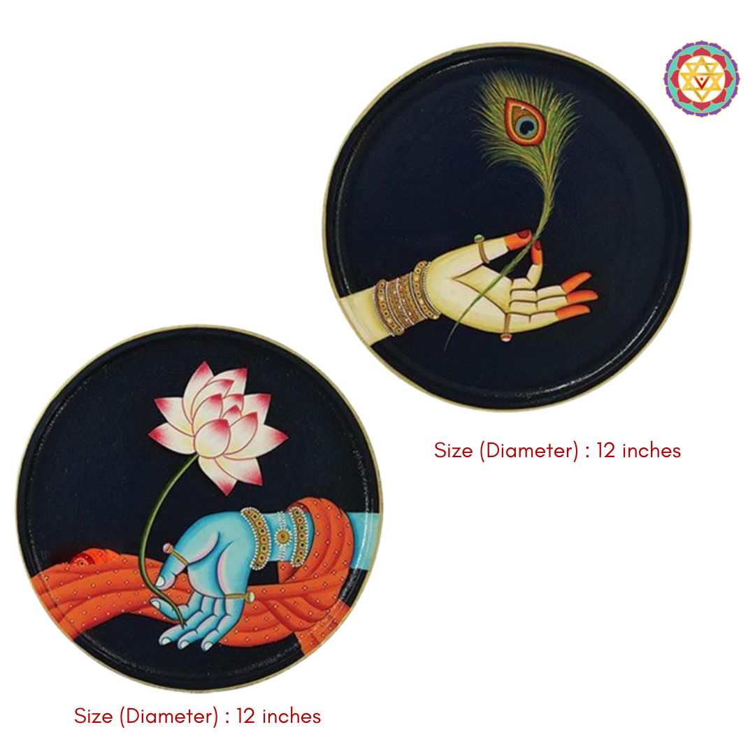 detailed hand-painted radha krishna hands design on wall plates