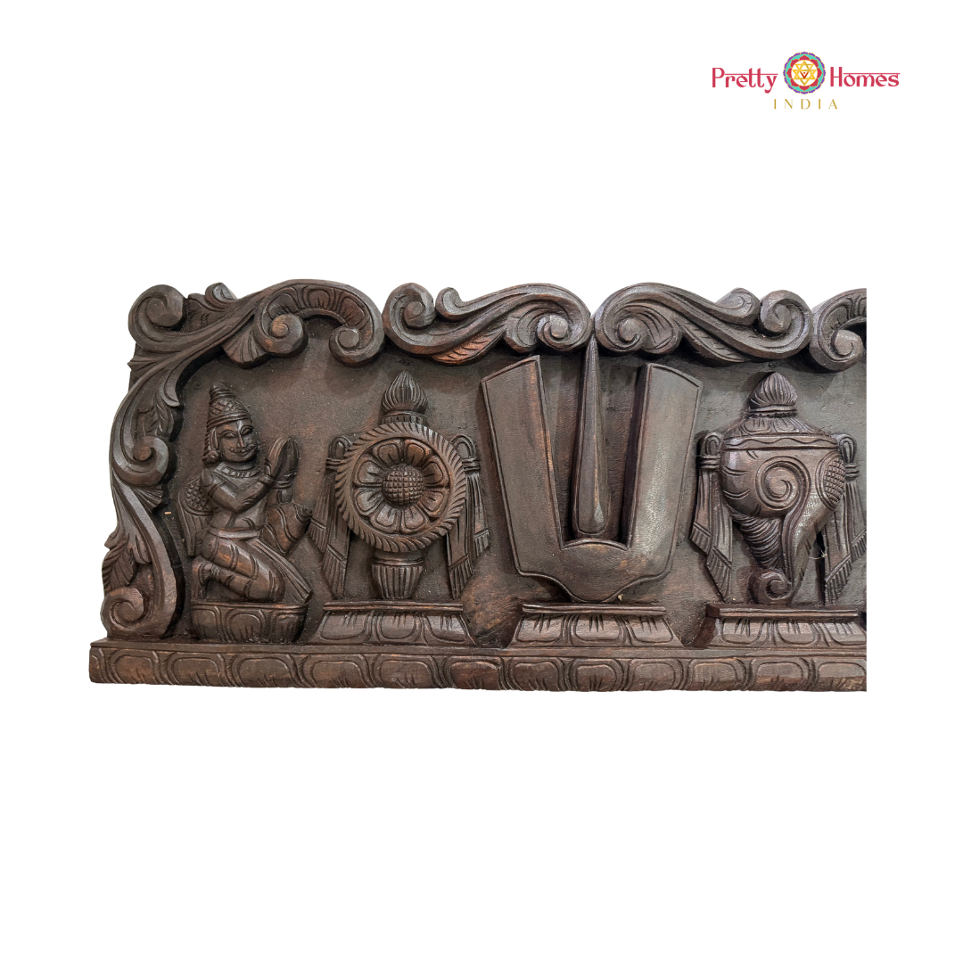 Handcrafted Shankha Chakra Namam Horizontal Wooden Panel with Garuda & Hanuman