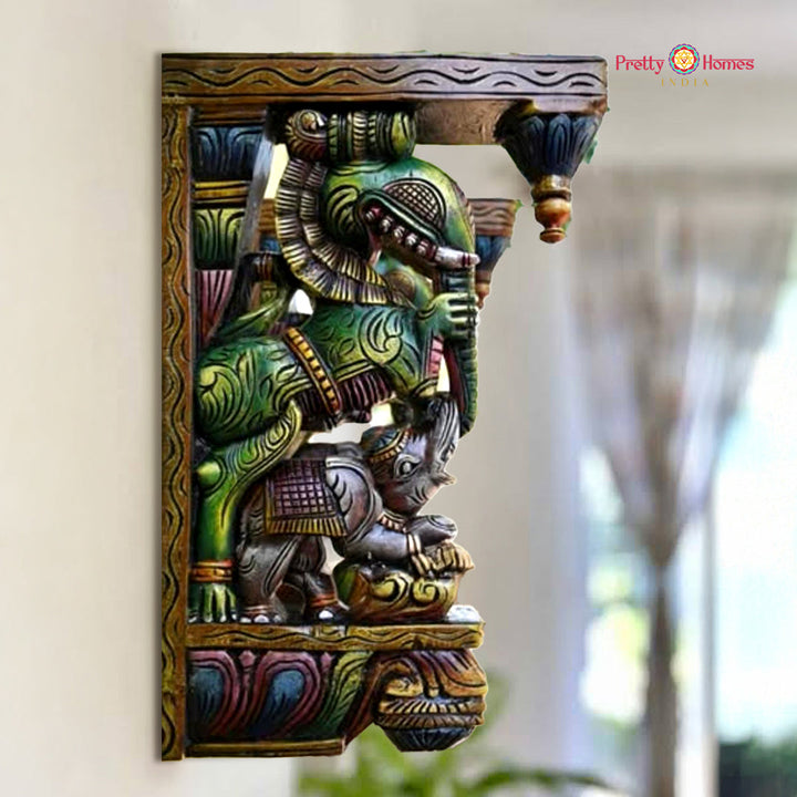 Hand-carved wooden wall bracket with Yali and elephant design