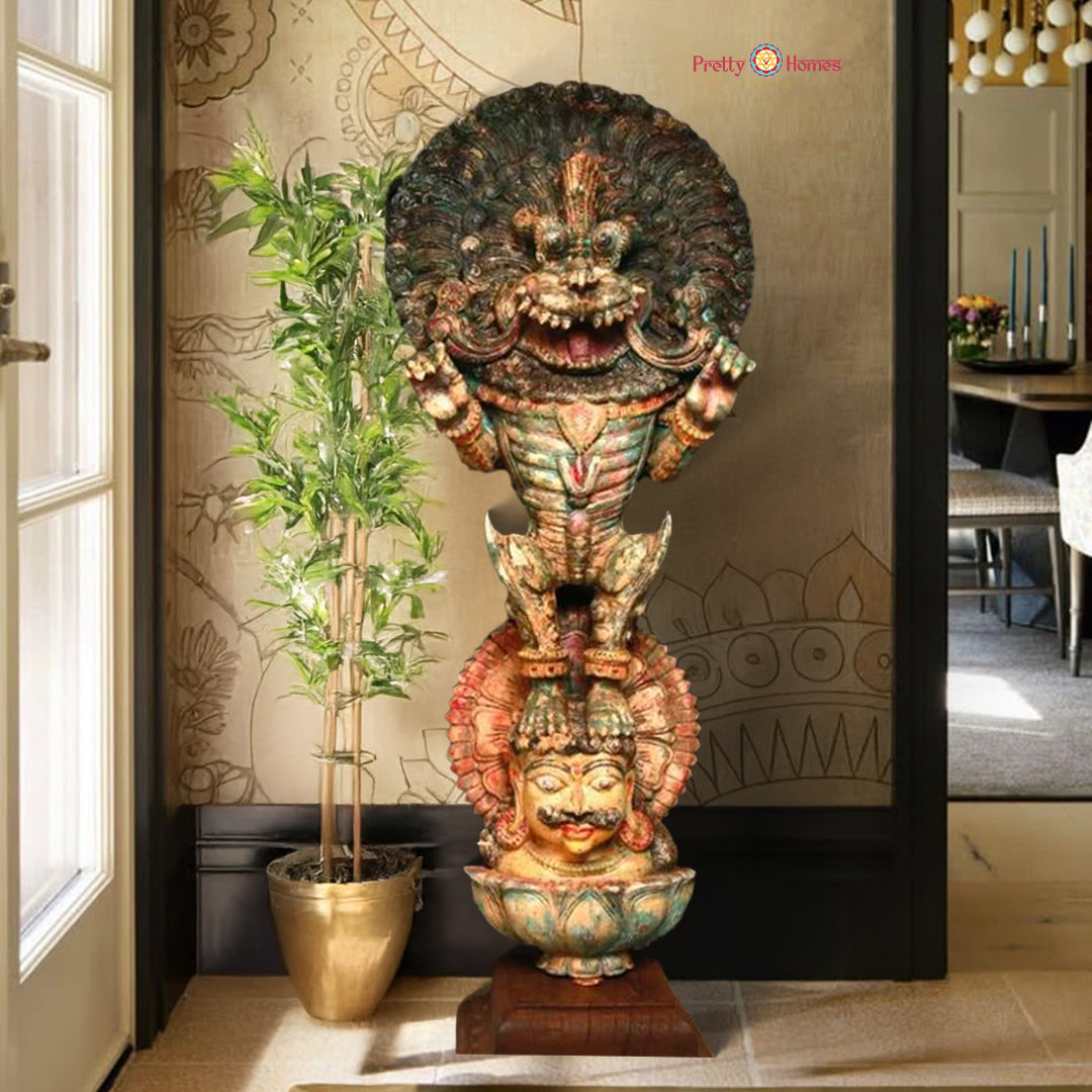 vintage finish standing yali kirthimukha wood sculpture in distressed tones
