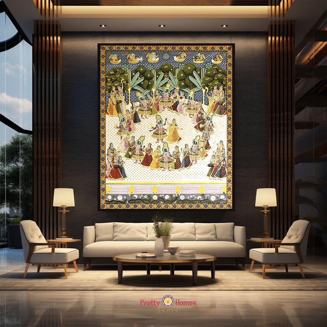 Hand-painted Pichwai Raas Leela painting — natural pigments on cloth, depicting Krishna with Gopis in traditional style