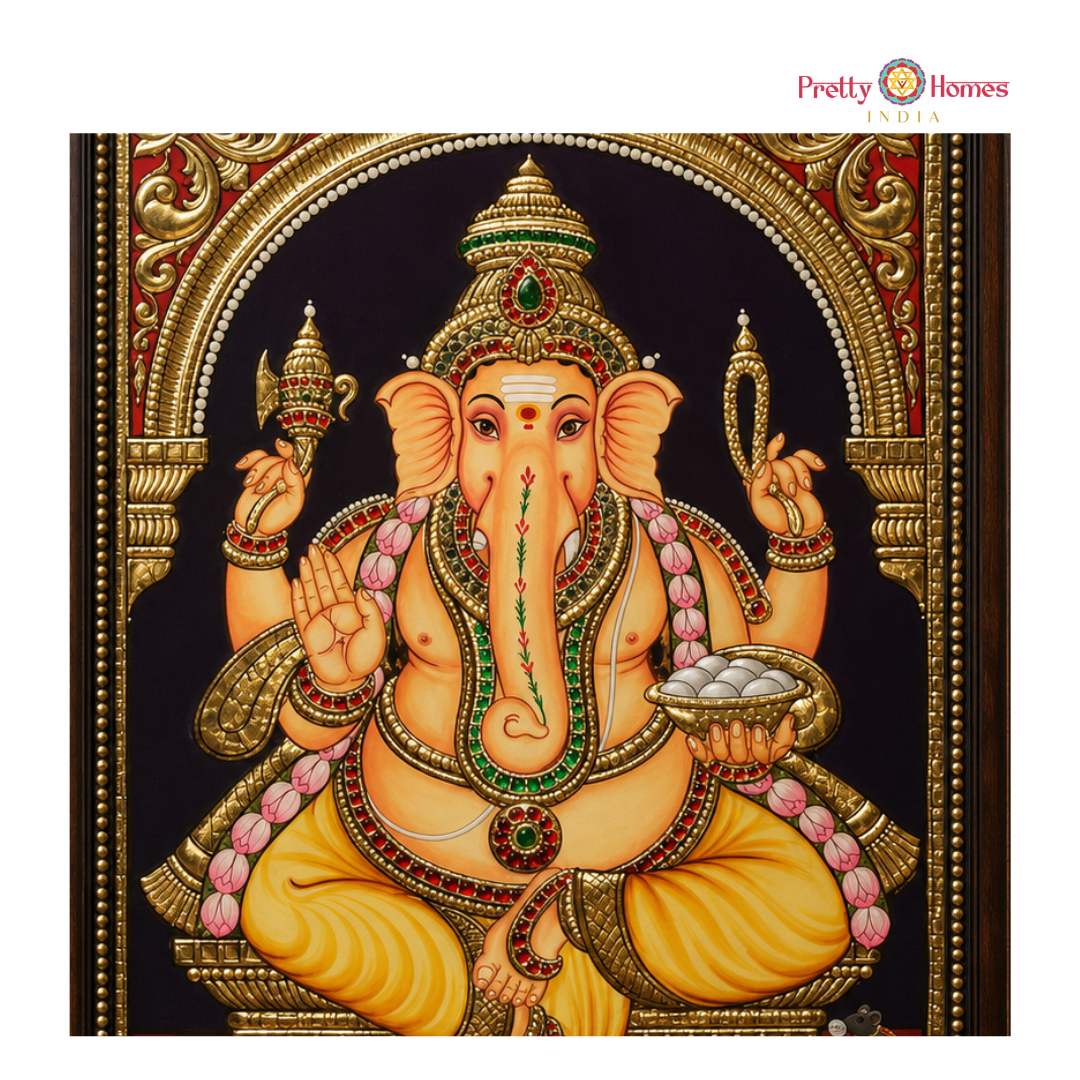 Aesthetic Lord Ganesha with Chettinad Pillars Tanjore in Real Gold