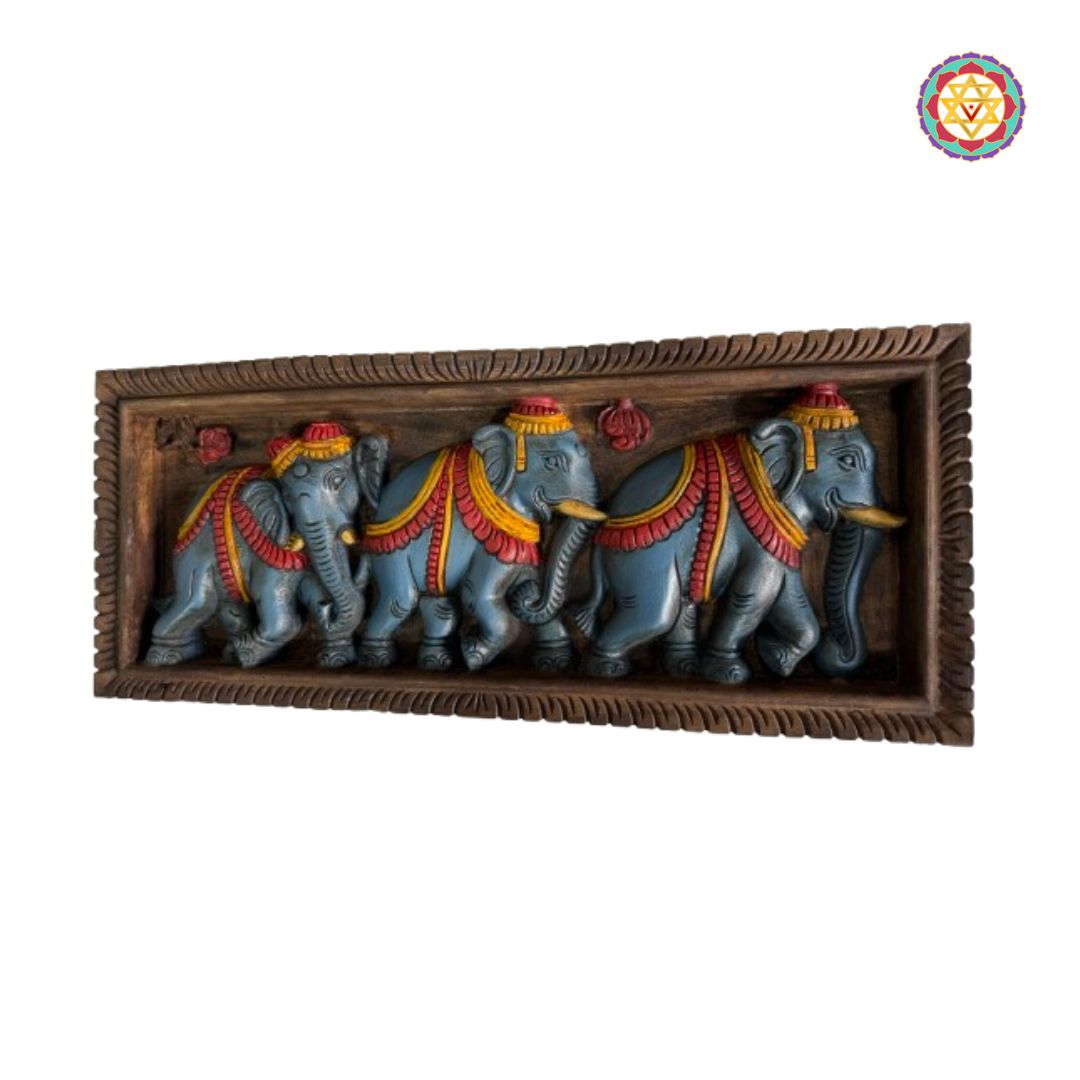 Intricate Balaji wood carving wall panel with elephant decor