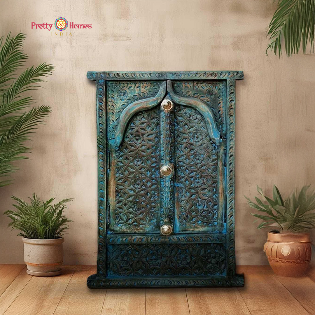 Handmade and hand-carved wooden decorative window wall hanging with brass work — multicolor hand-painted Indian wall art
