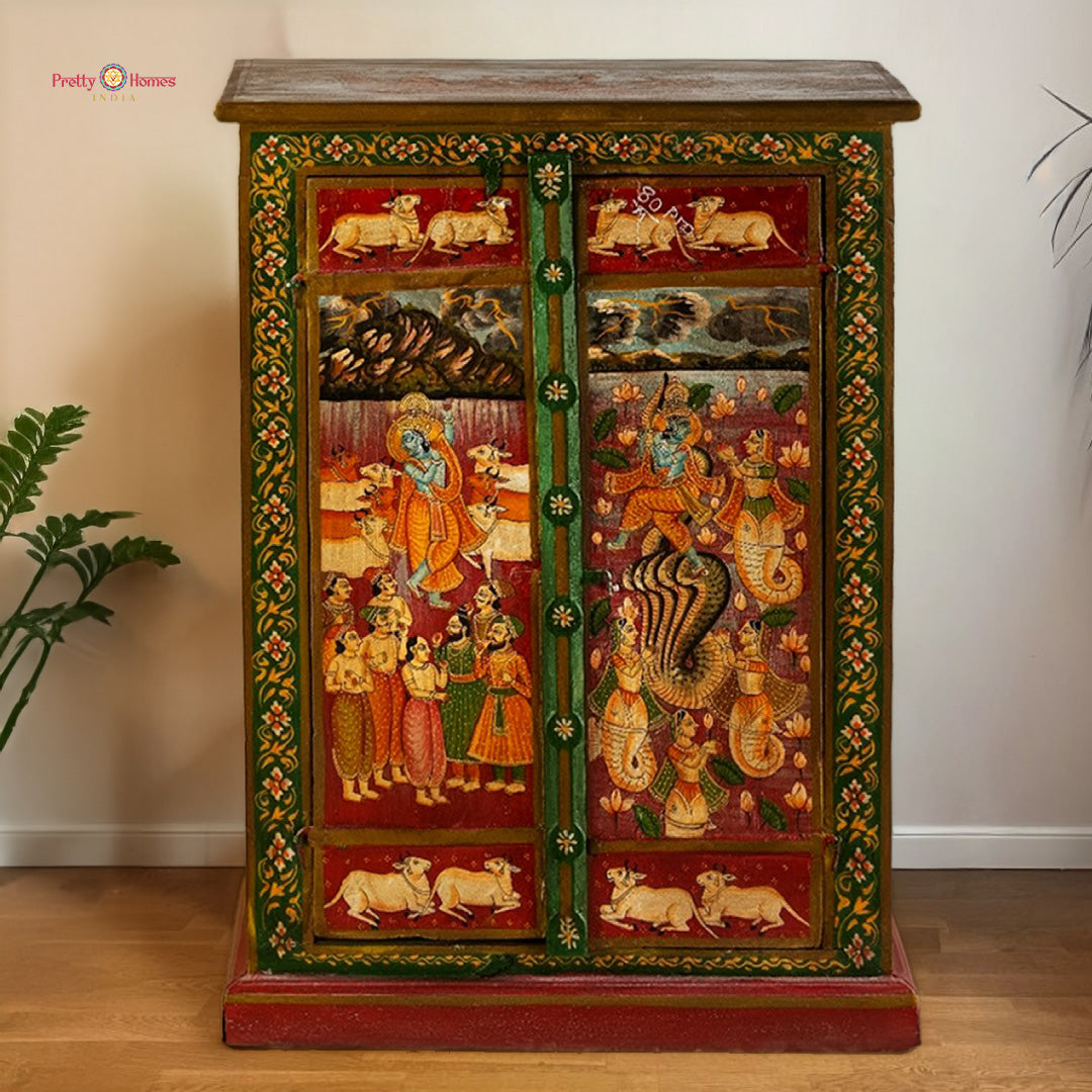 Pichwai inspired wooden storage cabinet featuring Krishna and gopikas full view