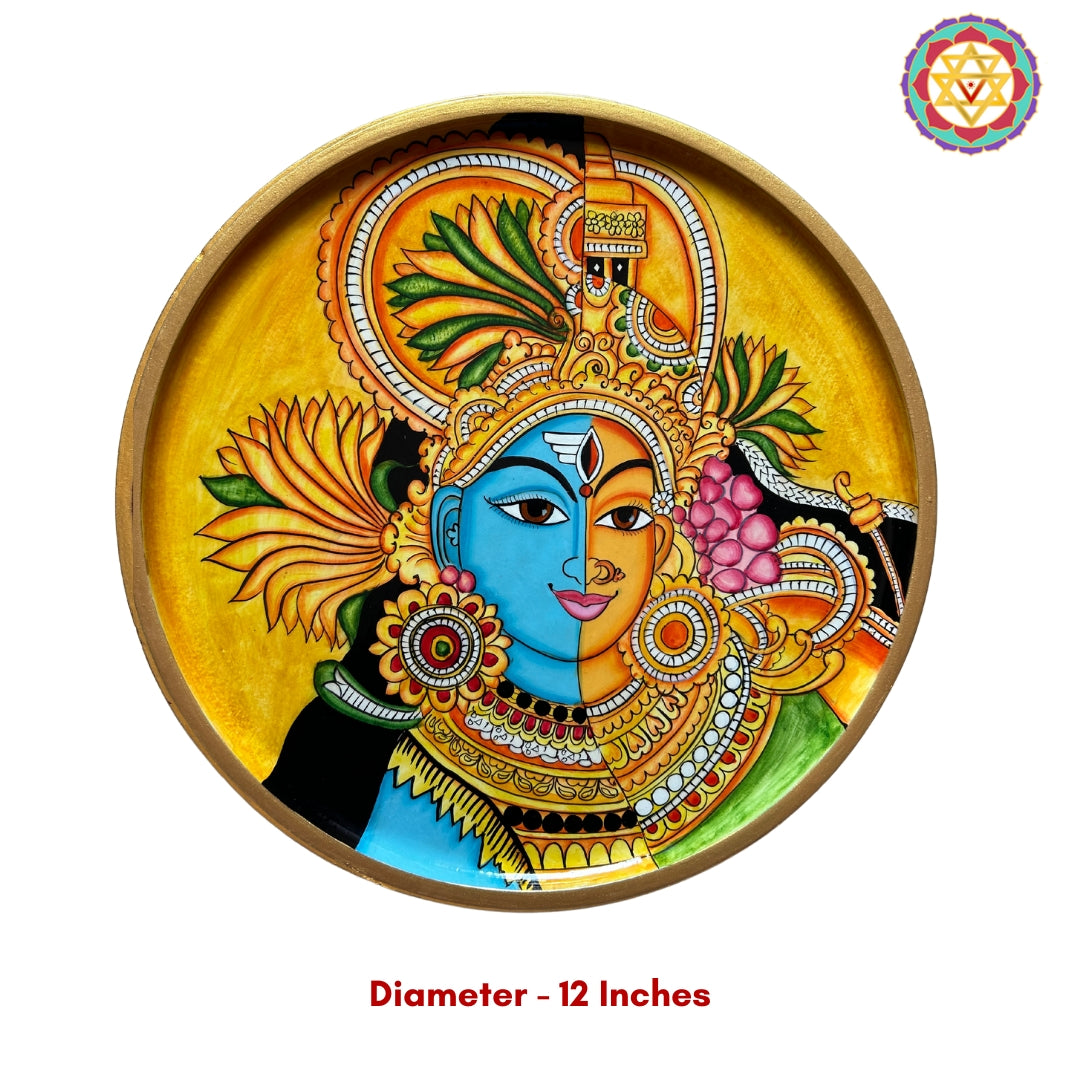 Traditional hand-painted wooden mural showing Ardhnarishwar divine form