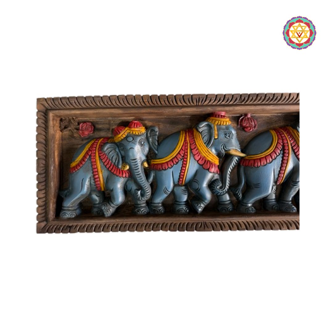 Traditional Balaji and elephant wooden wall hanging carved panel
