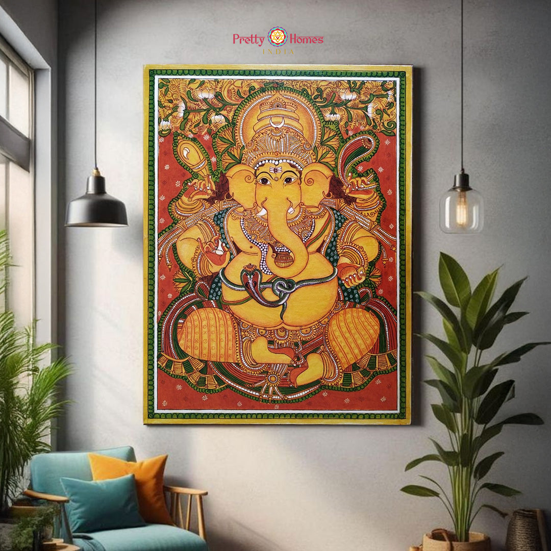 kerala mural style ganesha painting front view with traditional handpainted details