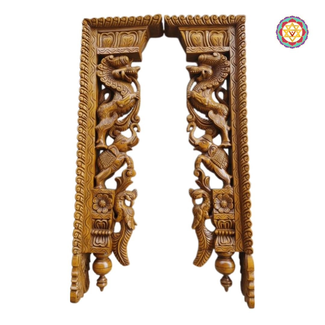 3-Foot Yali Panel with Elephant & Peacock – Bodhil Style Carvings ( single ) - Set 2 Pending for Main Image