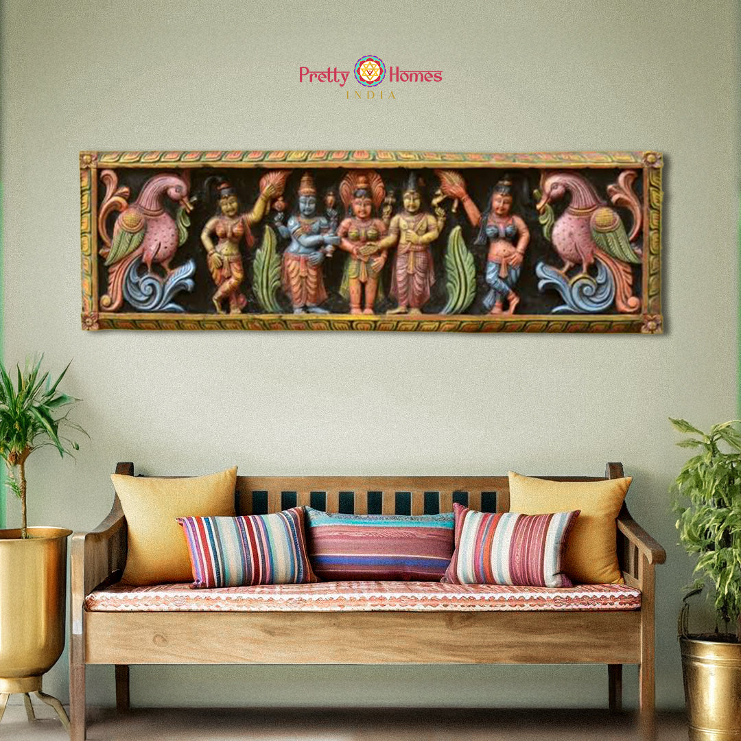 Horizontal wood panel of Meenakshi and Sundareshwar marriage