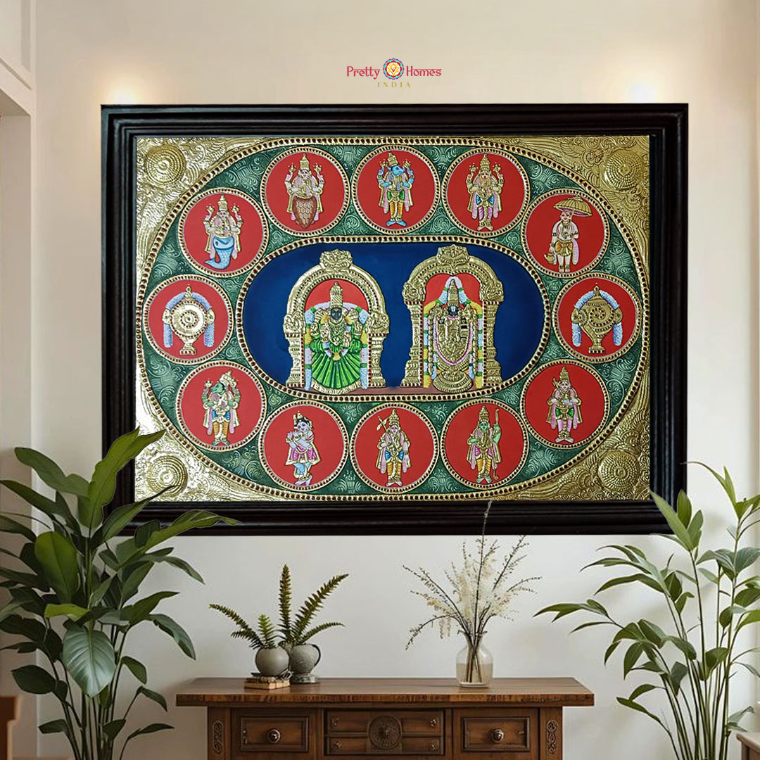 close-up of tirupati tanjore showing carved teak frame and intricate gold detailing